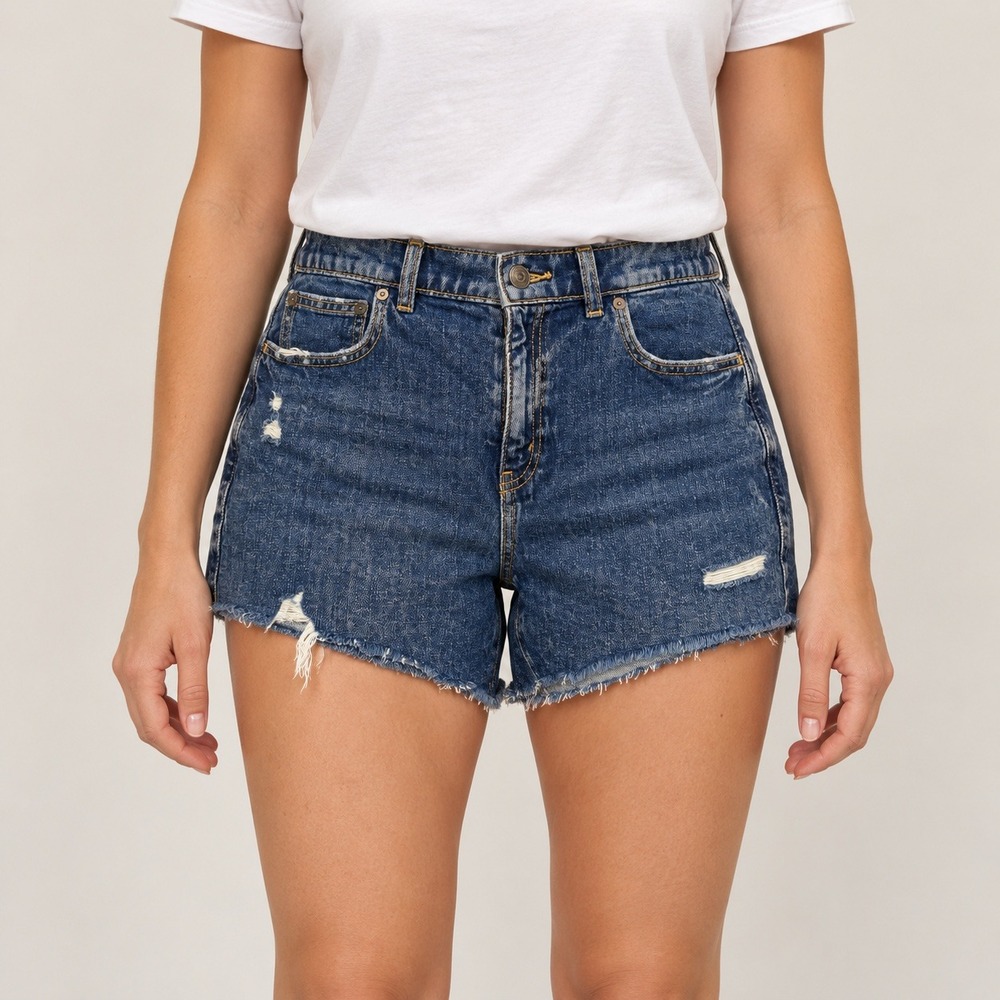 Aerie Womens Medium Wash Distressed High Waisted Denim Shorts Size M